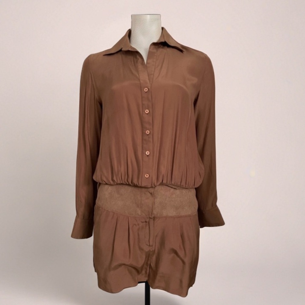 HH Haute Hippie Collared Buttons down Long Sleeve Silk Romper in Brown Size XS